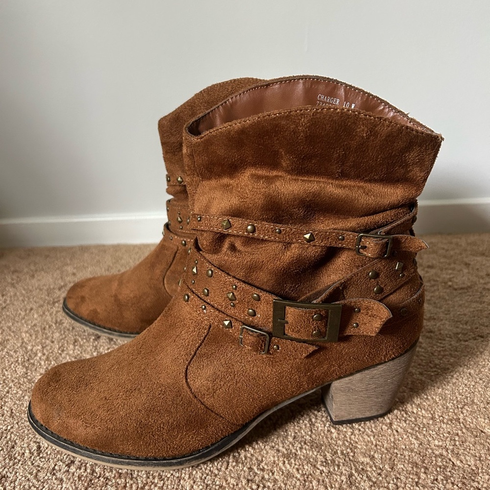 Brown Suede Ankle Boots with Studded Straps